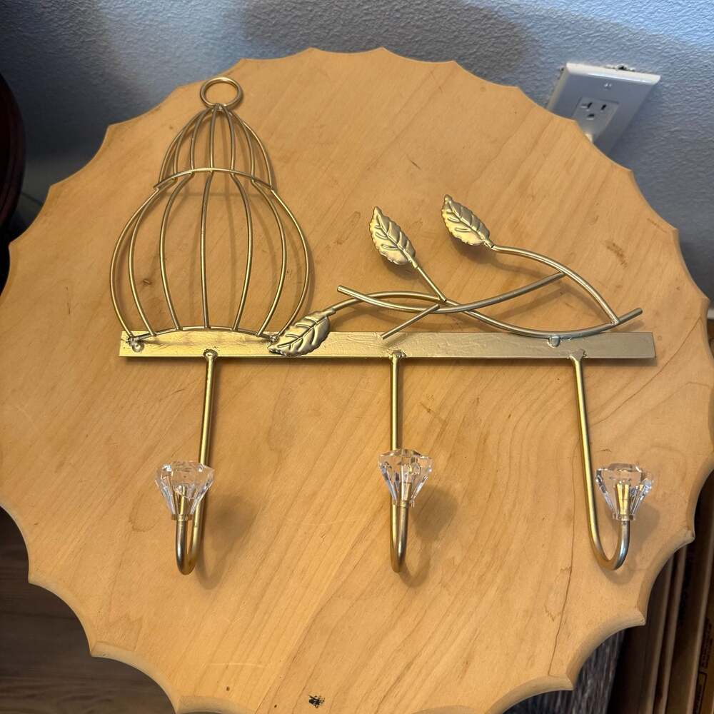 Gold Metal Wall Hook Rack with Bird Cage, Branches, and Diamonds